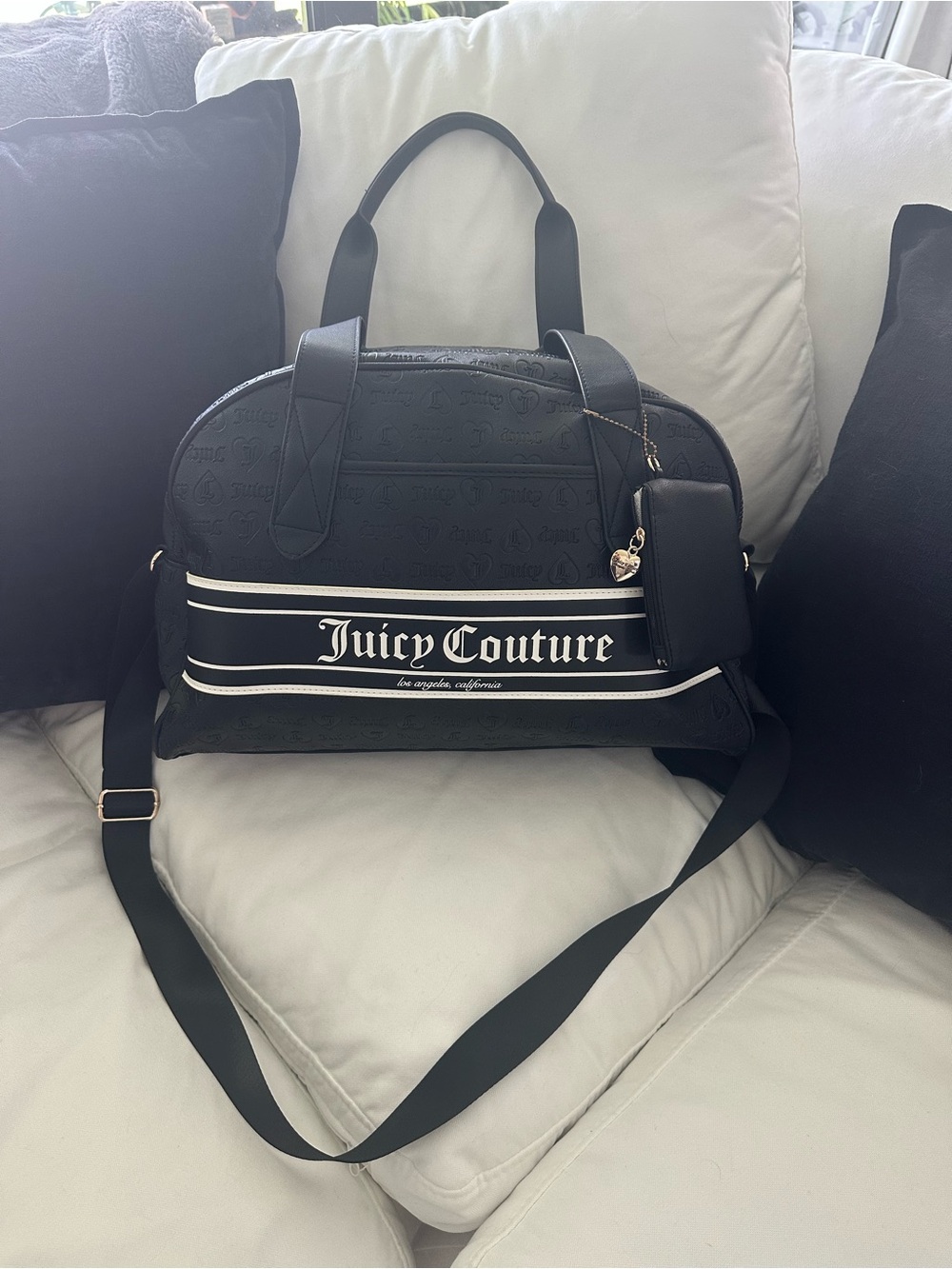 Juicy Couture Black Dome Satchel with White Logo Stripe